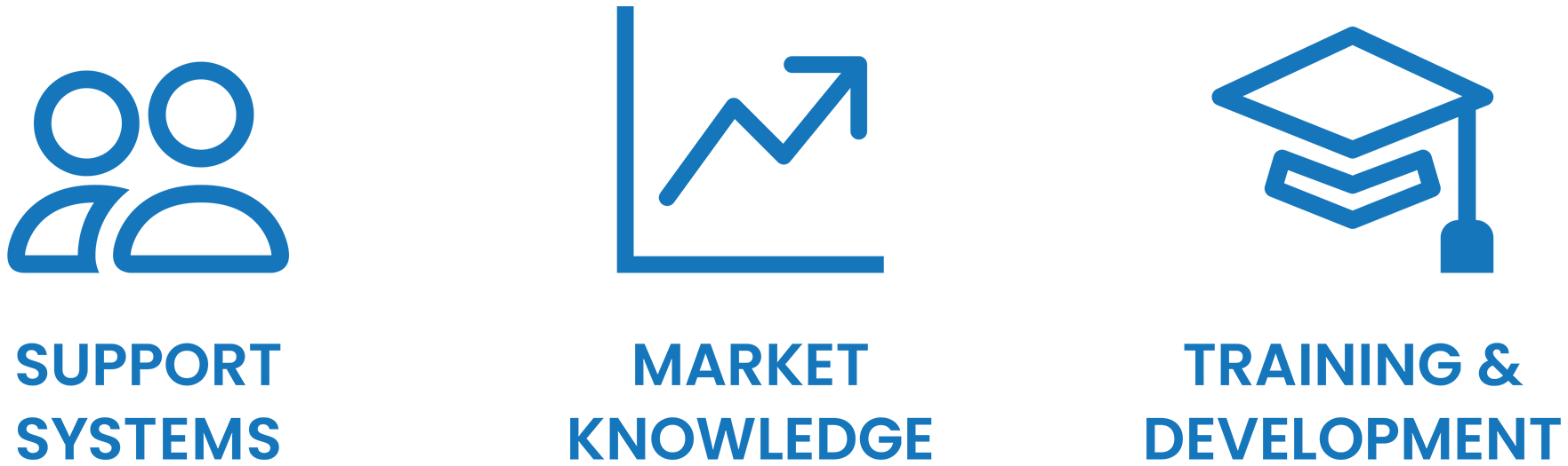 3 icons representing support systems, market knowledge and training & development